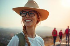 The image depicts a joyful hiking adventure set in a mountainous landscape under bright sunlight. A young woman, with blonde hair, is prominently featured wearing a large brimmed hat and glasses, a backpack, and a white t-shirt. In the background, other hikers can be seen at various points on the trail, each with their own backpack, contributing to an atmosphere of outdoor adventure and camaraderie.