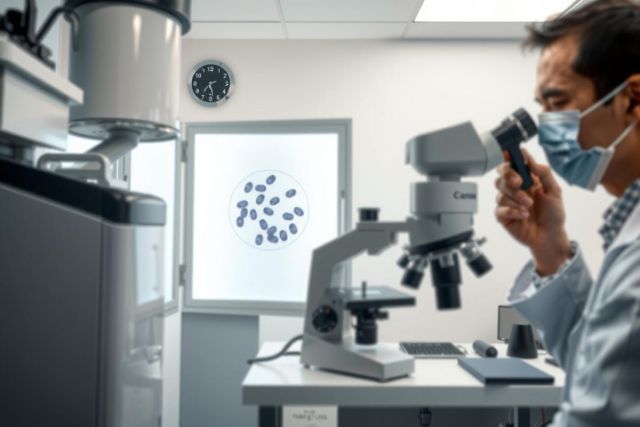 Scientist wearing a mask examines a sample under a microscope in a laboratory setting. Bright and sterile environment with lab equipment visible. Focus on research and scientific analysis.