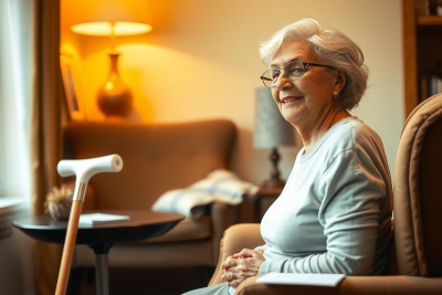 The image is a photograph of an older woman sitting in a living room, smiling and holding a cane. She is wearing glasses and a gray sweater. There's a couch, armchair, lamp, in the background indicating a home environment.