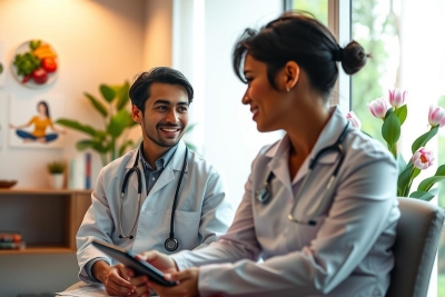 The image shows two doctors in a professional setting. The woman doctor is holding a clipboard, suggesting she might be discussing medical records or patient information with the male doctor who is seated next to her.