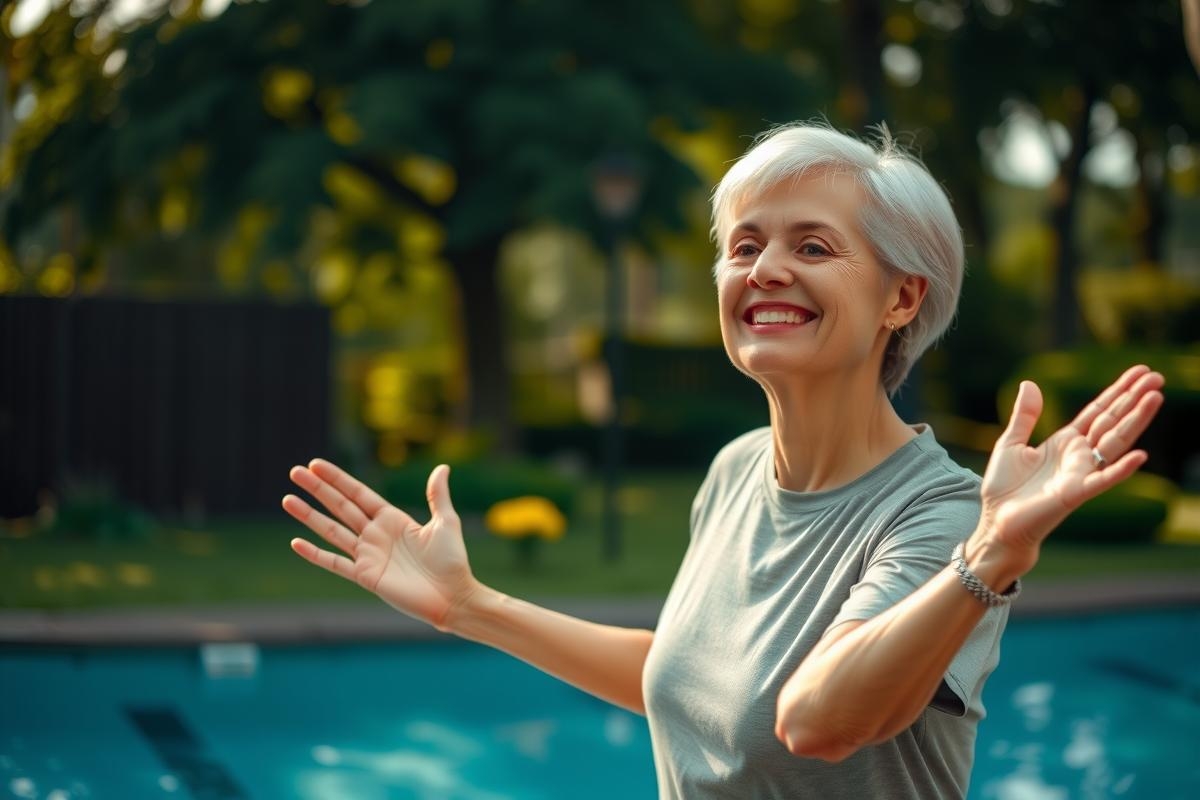 A woman in an outdoor pool area, wearing a grey t-shirt. She has white hair and is smiling while spreading her arms wide open.