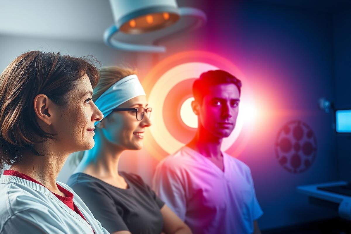 A group of doctors in a hospital setting, discussing and examining a patient's medical scan on a digital screen. The environment suggests a modern healthcare facility.