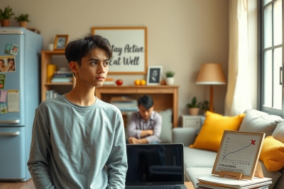 The image shows a young person standing in a cozy living room. The individual appears to be looking towards the camera with a serious expression. There's a couch, chairs, and various decorations in the background giving a warm and homely atmosphere. The colors in the scene are soft and natural, with neutral tones dominating.