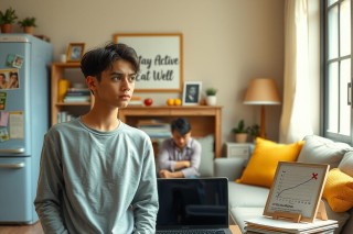 The image shows a young person standing in a cozy living room. The individual appears to be looking towards the camera with a serious expression. There's a couch, chairs, and various decorations in the background giving a warm and homely atmosphere. The colors in the scene are soft and natural, with neutral tones dominating.