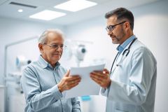 Doctor and senior patient reviewing medical documents in a bright, modern clinic. The image depicts a healthcare consultation with a focus on patient care and medical records. Blue and white tones dominate, conveying a professional and trustworthy atmosphere. Keywords: doctor, patient, healthcare, medical, clinic, consultation, senior, records.