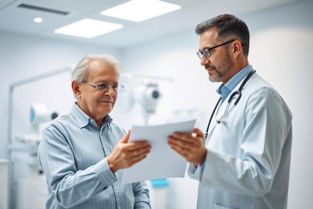 Doctor and senior patient reviewing medical documents in a bright, modern clinic. The image depicts a healthcare consultation with a focus on patient care and medical records. Blue and white tones dominate, conveying a professional and trustworthy atmosphere. Keywords: doctor, patient, healthcare, medical, clinic, consultation, senior, records.