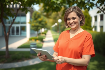 The image depicts a female healthcare professional standing outdoors. She is wearing a uniform and holding what appears to be an electronic device, likely related to her work. The setting looks like a modern campus or medical facility with greenery around. The focus of the photo is on her and the device she's holding.
