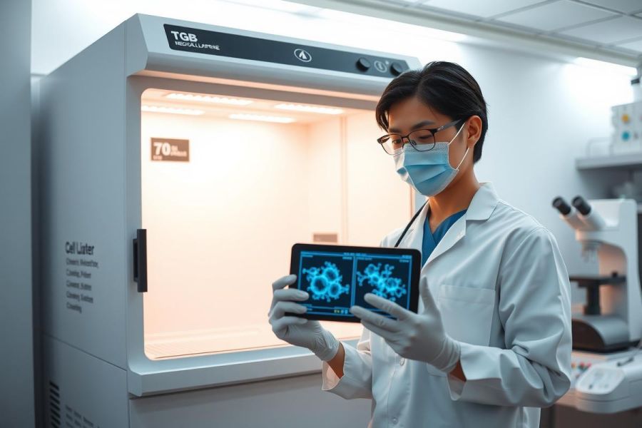 Scientist in a lab coat and gloves examines a tablet displaying a microscopic image of cells. The setting is a modern research lab with equipment visible in the background.