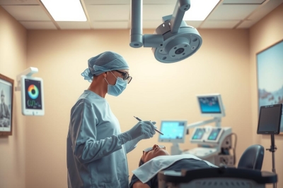 The image depicts a dental office with professional equipment and lighting. At the center, there is a dentist wearing protective gear including gloves, surgical mask, and possibly eye protection. The focus is on the interaction between the dentist and a patient who appears to be receiving dental treatment. 