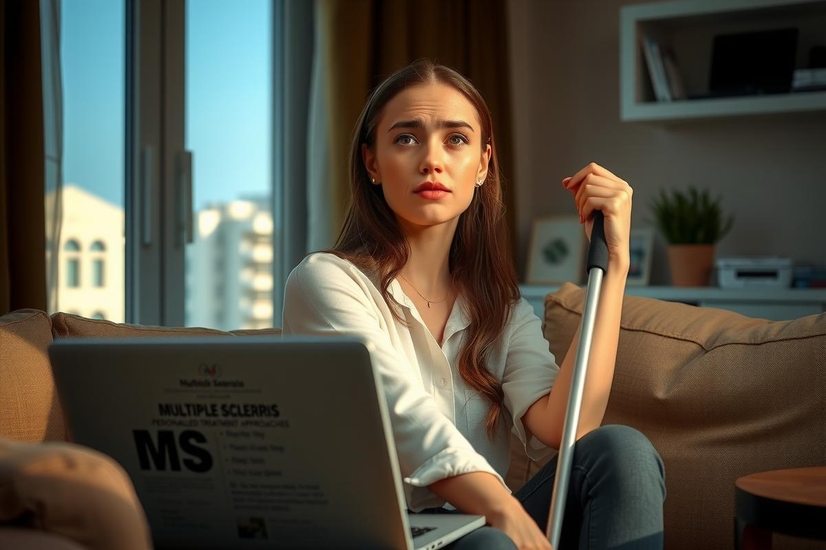 The image shows a young woman sitting on a couch in a brightly lit room, using a laptop. She is holding onto an object that could be a cane or stick, suggesting she may have some form of mobility challenge or impairment.
