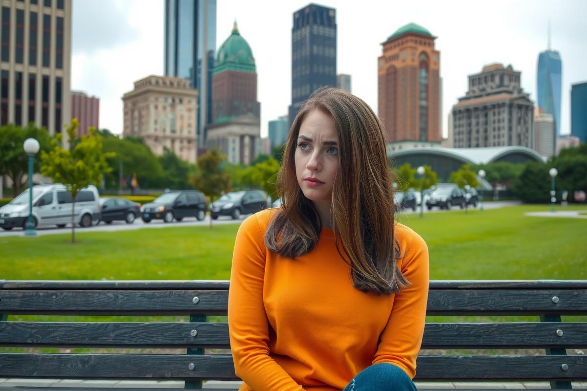 A young woman in an orange top sits on a park bench, looking into the distance with a contemplative expression. The background features a bustling urban landscape with tall buildings and cars.