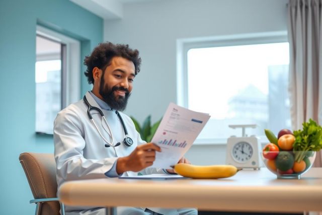 A doctor in a white coat reviews a chart near a table with fruit and a scale. Healthcare professional examining patient records in a bright, modern setting. 
