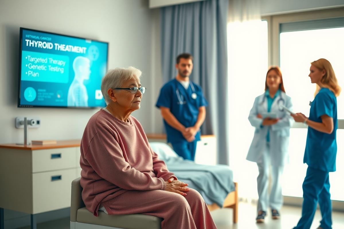 The image portrays an elderly person being attended to in a medical environment. The patient is seated and appears to be the center of attention, with medical staff gathered around them, engaged in discussion and possibly providing treatment or care. The setting suggests this could be a hospital room or a healthcare facility designed for the comfort and well-being of patients.
