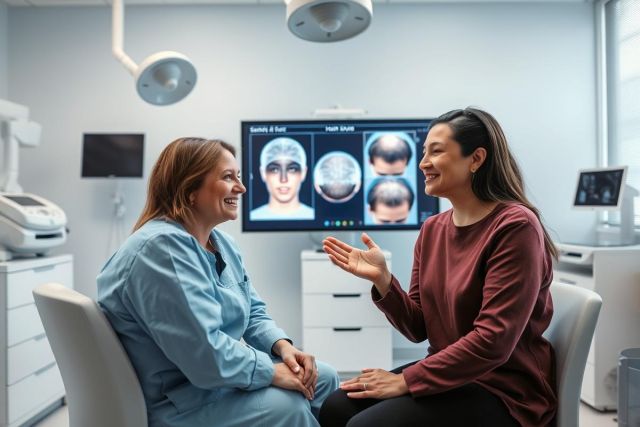 Doctor and patient consultation in a modern medical clinic. A female doctor discusses hair restoration options with a patient, with before-and-after images displayed on a screen. The scene features a clean, light blue environment with medical equipment visible, suggesting hair loss treatment or cosmetic procedures.