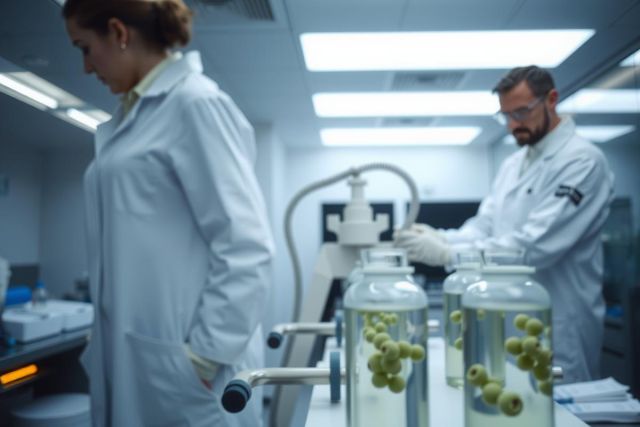 Scientists in lab coats examine samples in jars, likely conducting research or quality control. The environment is a clean, modern laboratory with bright lighting.