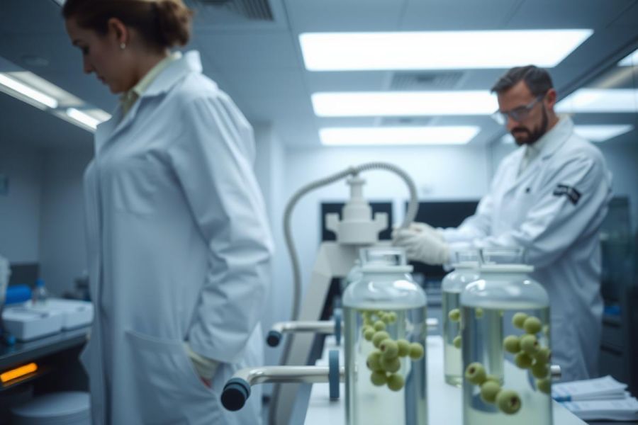 Scientists in lab coats examine samples in jars, likely conducting research or quality control. The environment is a clean, modern laboratory with bright lighting.