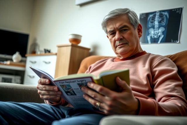 An elderly man is sitting comfortably on a couch in his living room. He's holding several books or magazines, suggesting he might be reading or researching a topic. The room has a warm and inviting atmosphere with soft lighting and cozy furnishings.