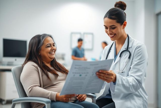 Doctor and patient discussing medical records in a bright, modern clinic. Smiling woman sits while a female doctor in a white coat examines paperwork. Healthcare, consultation, and patient care themes are present. Neutral tones and a professional setting.