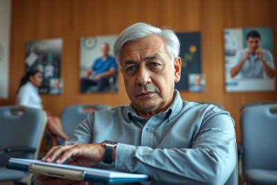 The image shows a man seated at a table with his arms crossed, looking down at a tablet or booklet. He appears to be deep in thought or considering something carefully.