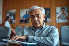The image shows a man seated at a table with his arms crossed, looking down at a tablet or booklet. He appears to be deep in thought or considering something carefully.