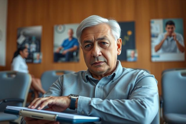 The image shows a man seated at a table with his arms crossed, looking down at a tablet or booklet. He appears to be deep in thought or considering something carefully.