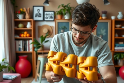 The image shows a man holding a collection of colorful, yellow 3D printed objects. He appears to be in a home environment with shelving and potted plants in the background. The focus is on the man's hands interacting with the objects, which suggest they are artistic or novelty items.