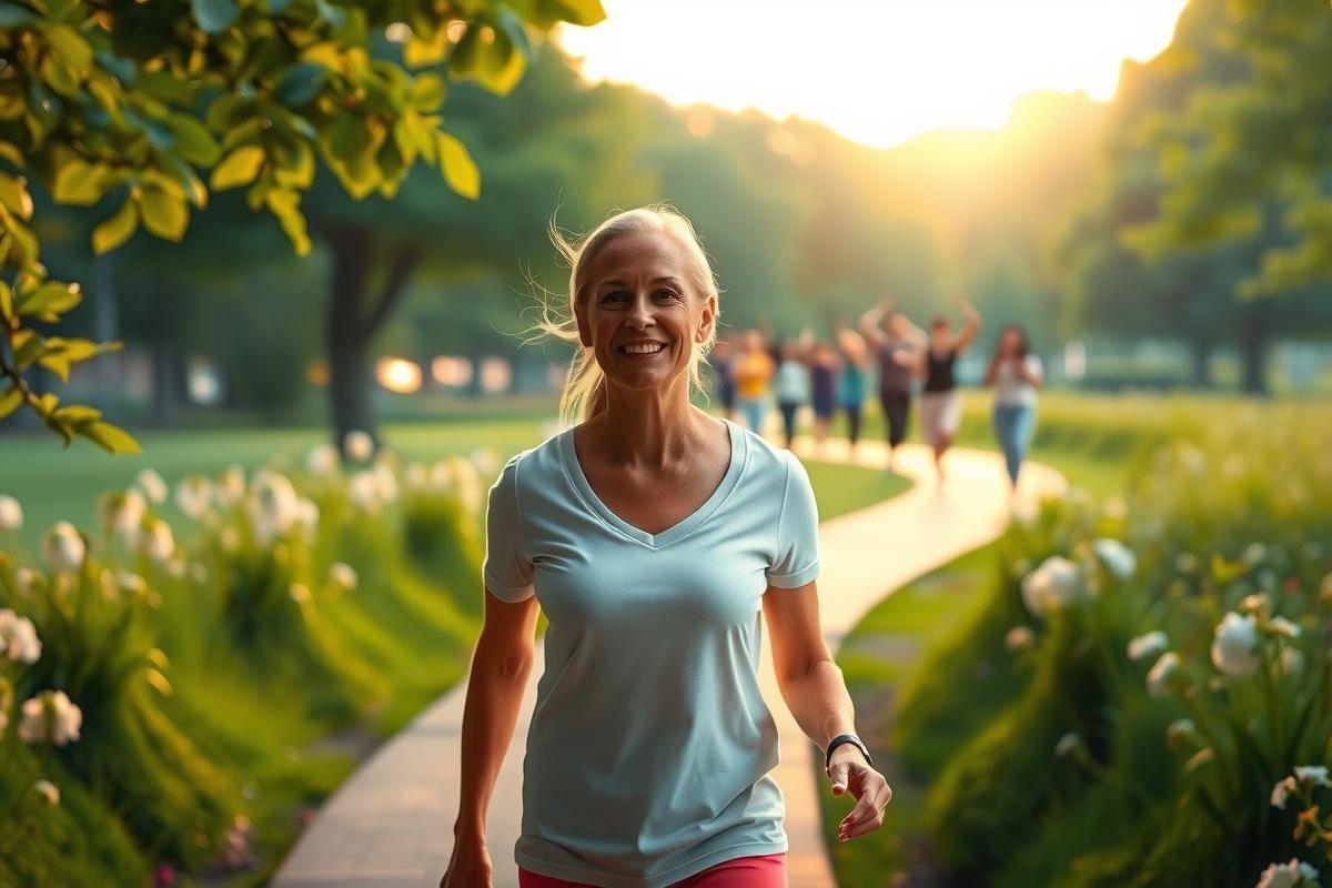 Woman jogging in park with trees and sunlight. She is smiling, wearing a white shirt and black shorts, on a pathway surrounded by flowers.