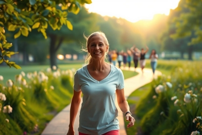 Woman jogging in park with trees and sunlight. She is smiling, wearing a white shirt and black shorts, on a pathway surrounded by flowers.