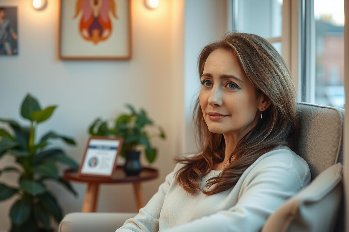 A woman seated in an office, leaning forward with her chin resting on her hand. She is dressed in a professional manner and appears to be engaged in deep thought or conversation.
