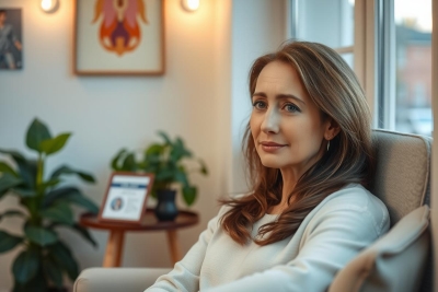 A woman seated in an office, leaning forward with her chin resting on her hand. She is dressed in a professional manner and appears to be engaged in deep thought or conversation.
