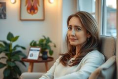 A woman seated in an office, leaning forward with her chin resting on her hand. She is dressed in a professional manner and appears to be engaged in deep thought or conversation.
