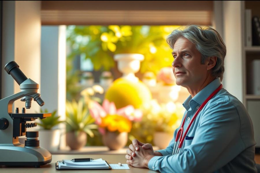 The image depicts an older man seated at a desk, engaged in a scientific or academic setting. He appears to be examining samples under a microscope. The environment suggests a well-lit laboratory with natural light coming through the windows, casting a warm glow over the scene.