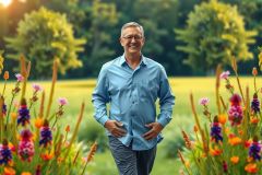 The image features an older man standing in a vibrant garden with colorful flowers and green foliage. He is wearing a blue shirt, khakis, and glasses. The man appears to be posing for the photo, and smiling.