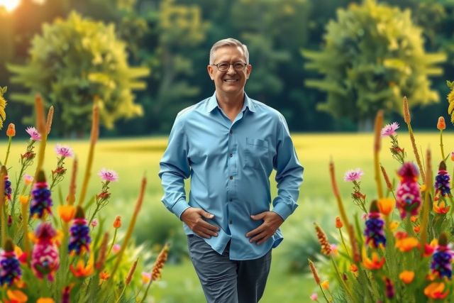 The image features an older man standing in a vibrant garden with colorful flowers and green foliage. He is wearing a blue shirt, khakis, and glasses. The man appears to be posing for the photo, and smiling.