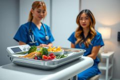 A healthy meal on a tray with salmon, vegetables, and fruit. A nurse in scrubs is in the background near a hospital bed, suggesting patient care and nutrition.