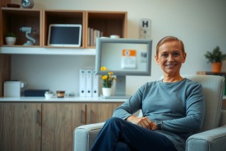 This is a portrait of a smiling woman seated in an office chair. She appears to be in a good mood, with her hands on her knees. The background shows modern office furniture and decor, including shelves, plants, and contemporary lighting fixtures.