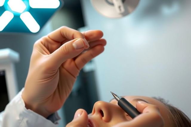 Close-up of a medical procedure, likely eye surgery, with a doctor using a surgical instrument. The environment is a sterile clinical setting with bright overhead lighting. Focus on precision and healthcare.