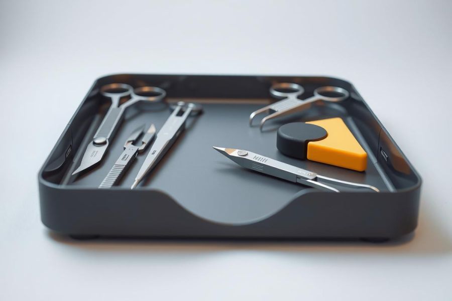Surgical instruments, including forceps and scissors, are displayed in a gray medical tray alongside black and yellow sponges. A close-up view showcases the tools' metallic sheen and sterile environment.