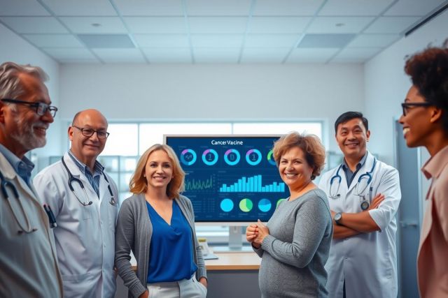 In the image, a group of six individuals are gathered in an office setting with modern technology. There is a large screen displaying digital data and graphs suggesting they might be discussing healthcare analytics or performance metrics.