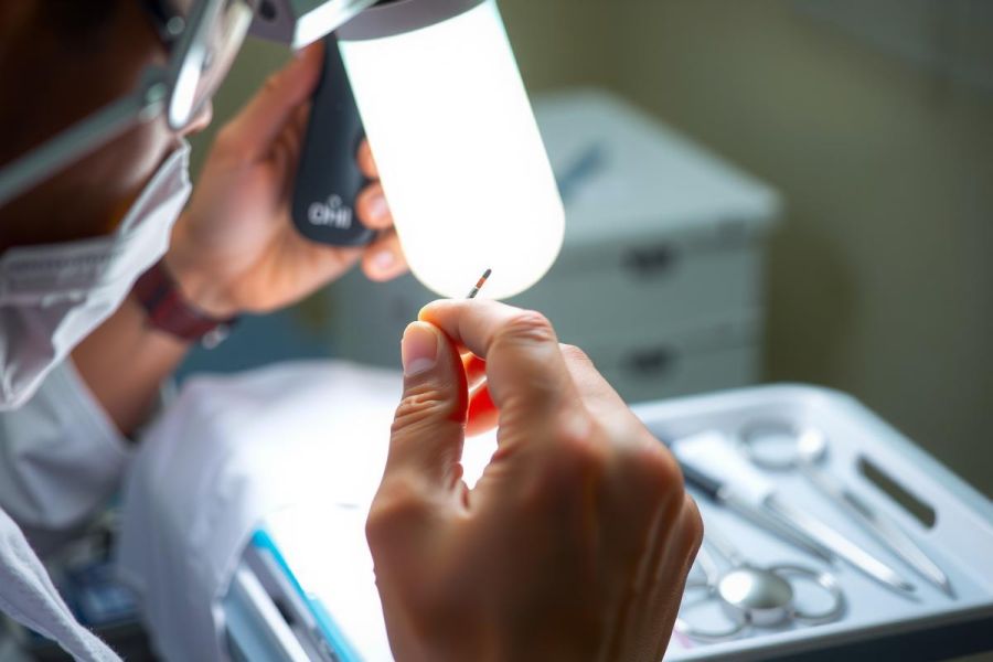 Close-up of a person in surgical attire examining something with a magnifying glass. Likely a medical or lab setting, focusing on precision and detail.
