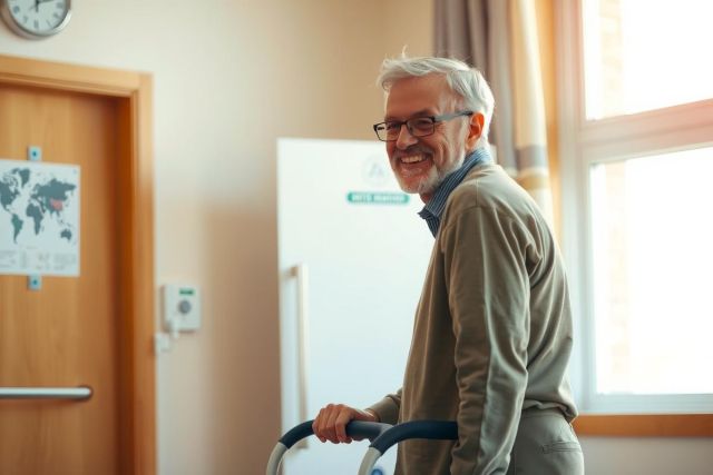 An elderly man smiling as he pushes a walker. The environment is bright and appears to be a hospital or medical facility. There are posters on the wall, suggesting an educational or informational context.