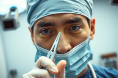 Surgeon in surgical mask and gloves holds tweezers, close-up portrait. Operating room setting, medical professional, healthcare, examination.