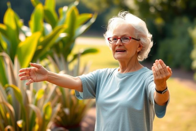 A cheerful elderly woman with gray hair and glasses is outside on a sunny day. She's wearing a blue top and has her arms outstretched, smiling broadly as she enjoys the moment.