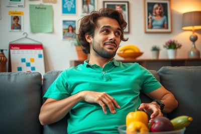 The image shows a man sitting on a sofa in what appears to be a home environment. He is wearing a green polo shirt and has a relaxed posture, with one hand resting on his stomach.