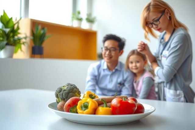 Healthy eating: a family preparing vegetables like tomatoes and bell peppers in a bright, modern kitchen. Focus on fresh produce and a healthy lifestyle.