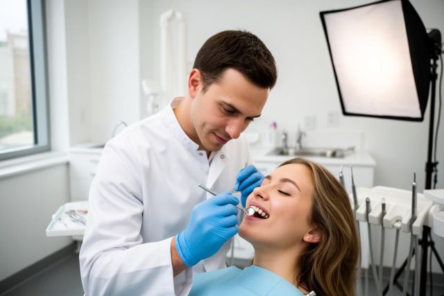 Dentist examining a smiling patient's teeth with a dental mirror during a cosmetic dentistry consultation.