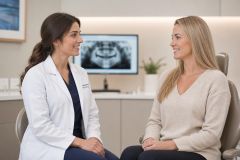 Dentist and patient conversing in a bright dental exam room with X-ray display behind.