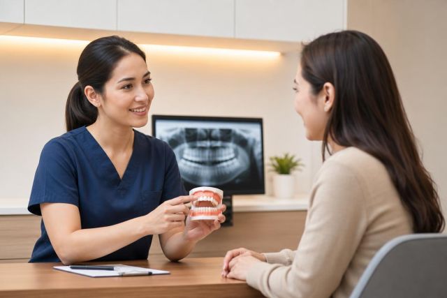 Dentist explaining denture model to patient in clinic with dental X‑ray visible on screen.