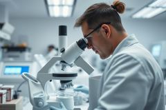 Scientist using a microscope in a modern laboratory. A man in a white lab coat examines samples with focused attention. Clean, bright environment with scientific equipment. Research, biology, and medical science themes.