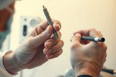 Close-up of hands holding a black pen against a blurred background. Focus is on the pen and hands. The image features a simple, minimalist aesthetic with muted colors.